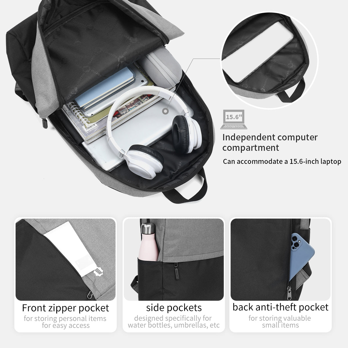 Mochila Académica Negro con Gris T-B9325