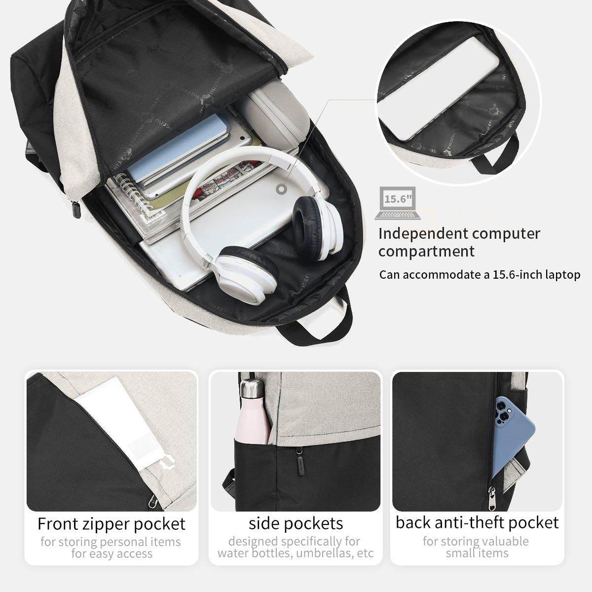 Mochila Académica Negro con Beige T-B9325